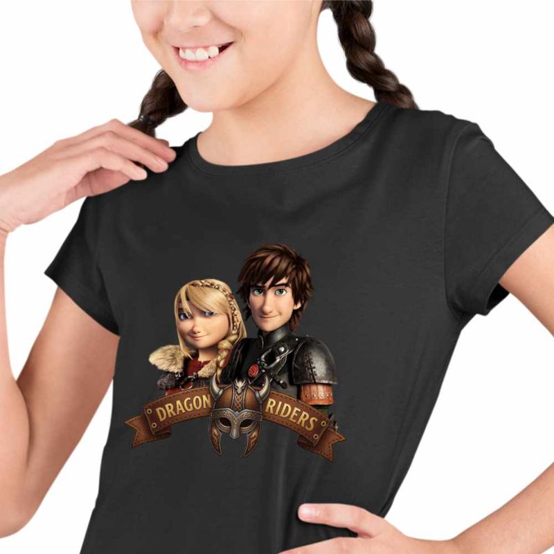 Fashion, accesorii si bijuterii - Copii - Imbracaminte copii - Tricouri copii - Tricou Copii Fete Dragon Riders Hiccup Astrid How to train your dragon, negru, marime L Copii - Infinity.ro