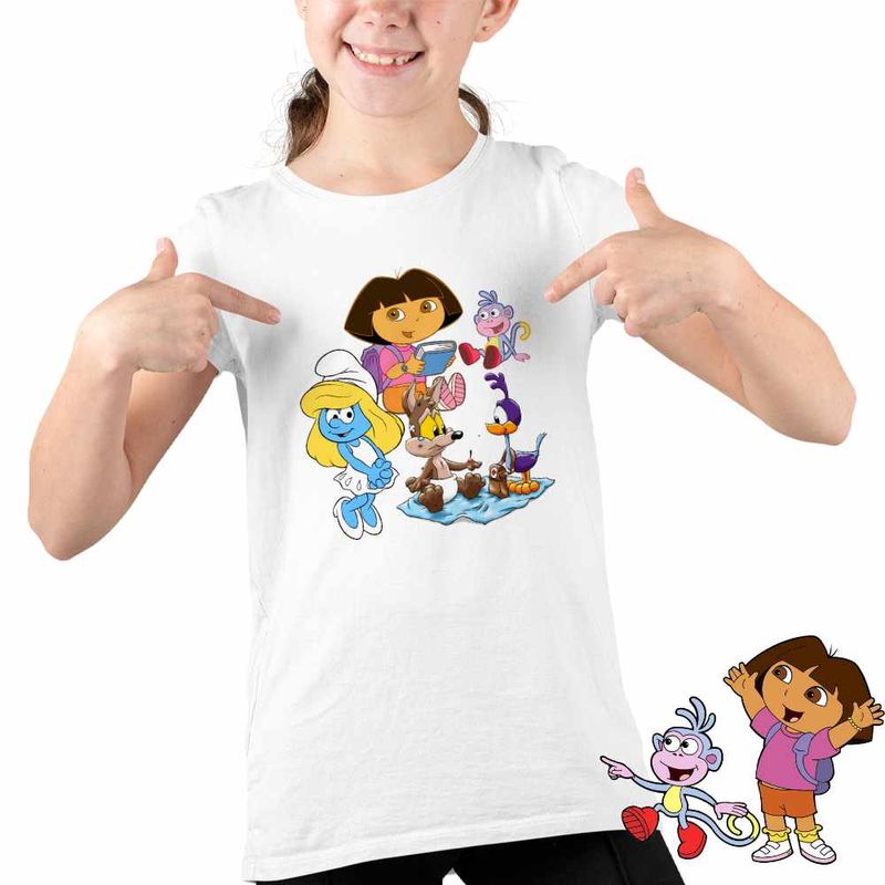 Fashion, accesorii si bijuterii - Copii - Imbracaminte copii - Tricouri copii - Tricou Copii Fete Dora Exploratoarea Strumfita Road Runner Coiotul Baby Bebelusi Buba, alb, marime M Copii - Infinity.ro