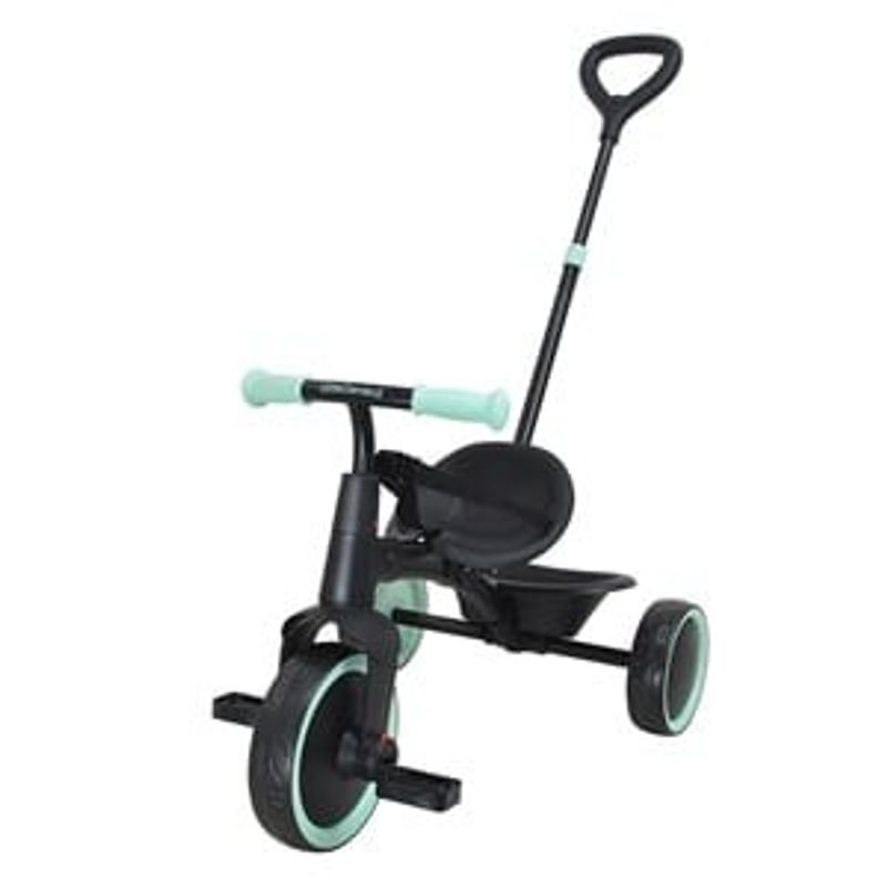 Jucarii, Copii si Bebe - Jucarii si jocuri - Jucarii de exterior - Triciclete - Tricicleta 2 in 1, Neagra cu Accente Verde Menta, Cadru Metalic, cu Centura de Siguranta si Maner pentru Parinte - Infinity.ro