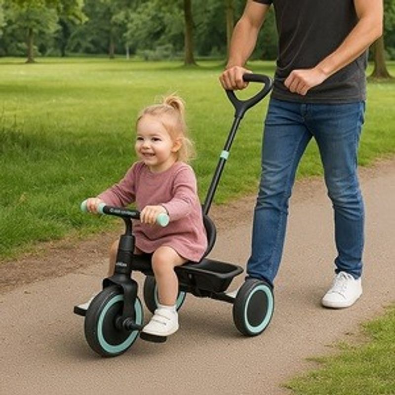 Jucarii, Copii si Bebe - Jucarii si jocuri - Jucarii de exterior - Triciclete - Tricicleta 2 in 1, Neagra cu Accente Verde Menta, Cadru Metalic, cu Centura de Siguranta si Maner pentru Parinte - Infinity.ro