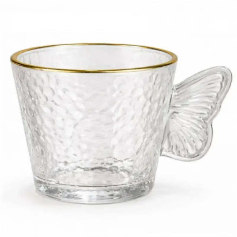 Casa si Gradina - Bucatarie si vesela - Cani si pahare - Cani si cesti - Set 6 cesti cafea si espresso din sticla texturata cu margine aurie si toarta fluture ABYZ 120ml - Infinity.ro