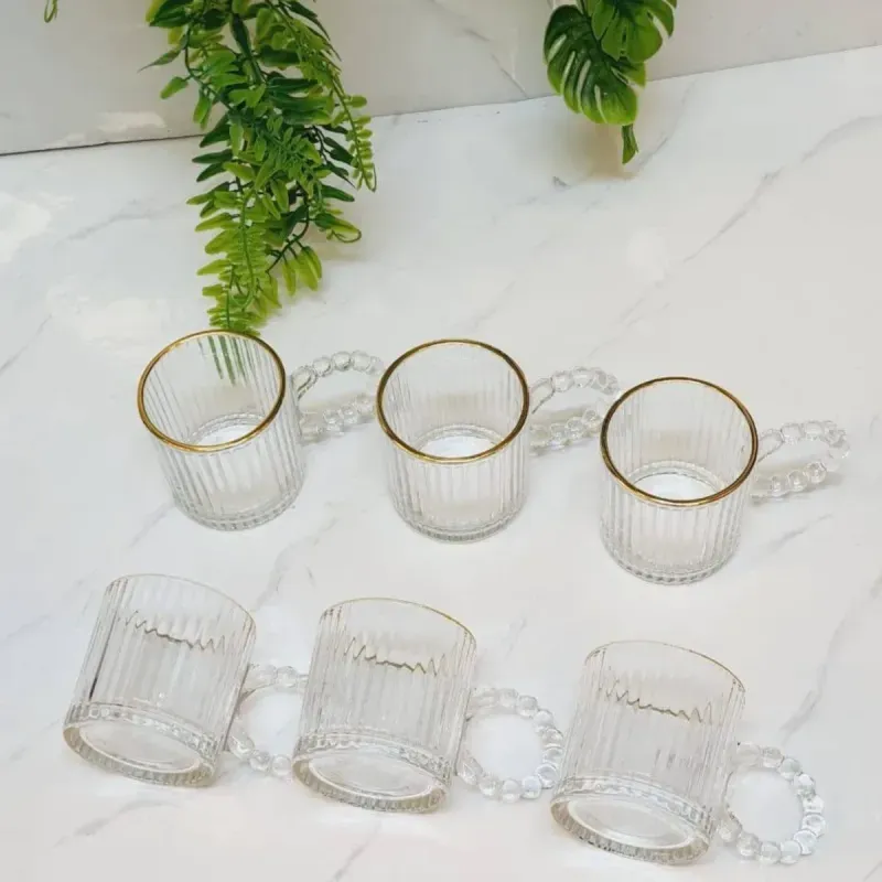 Casa si Gradina - Bucatarie si vesela - Cani si pahare - Cani si cesti - Set 6 cesti cafea si espresso din sticla transparenta striata cu margine aurie si toarta perlata ABYZ 110ml - Infinity.ro