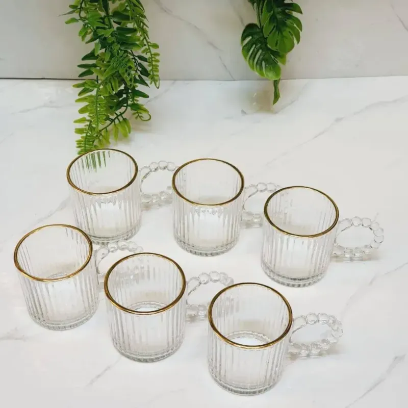 Casa si Gradina - Bucatarie si vesela - Cani si pahare - Cani si cesti - Set 6 cesti cafea si espresso din sticla transparenta striata cu margine aurie si toarta perlata ABYZ 110ml - Infinity.ro