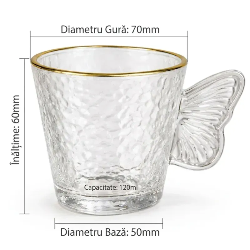 Casa si Gradina - Bucatarie si vesela - Cani si pahare - Cani si cesti - Set 6 cesti cafea si espresso din sticla texturata cu margine aurie si toarta fluture ABYZ 120ml - Infinity.ro