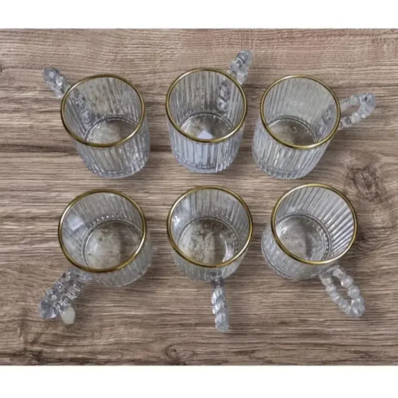Casa si Gradina - Bucatarie si vesela - Cani si pahare - Cani si cesti - Set 6 cesti cafea si espresso din sticla transparenta striata cu margine aurie si toarta perlata ABYZ 110ml - Infinity.ro