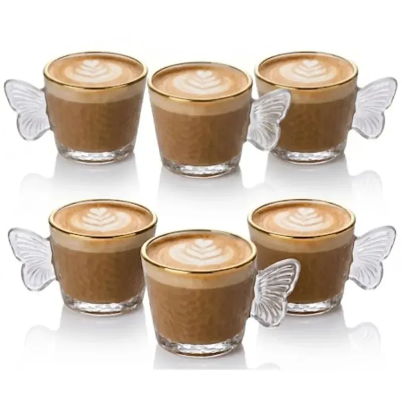 Casa si Gradina - Bucatarie si vesela - Cani si pahare - Cani si cesti - Set 6 cesti cafea si espresso din sticla texturata cu margine aurie si toarta fluture ABYZ 120ml - Infinity.ro