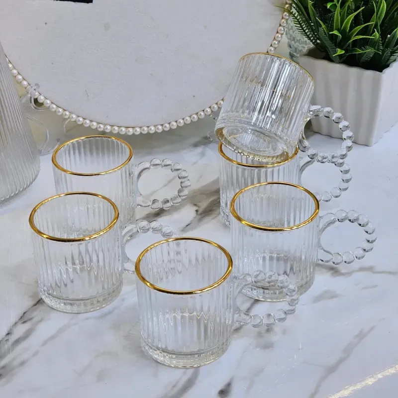Casa si Gradina - Bucatarie si vesela - Cani si pahare - Cani si cesti - Set 6 cesti cafea si espresso din sticla transparenta striata cu margine aurie si toarta perlata ABYZ 110ml - Infinity.ro