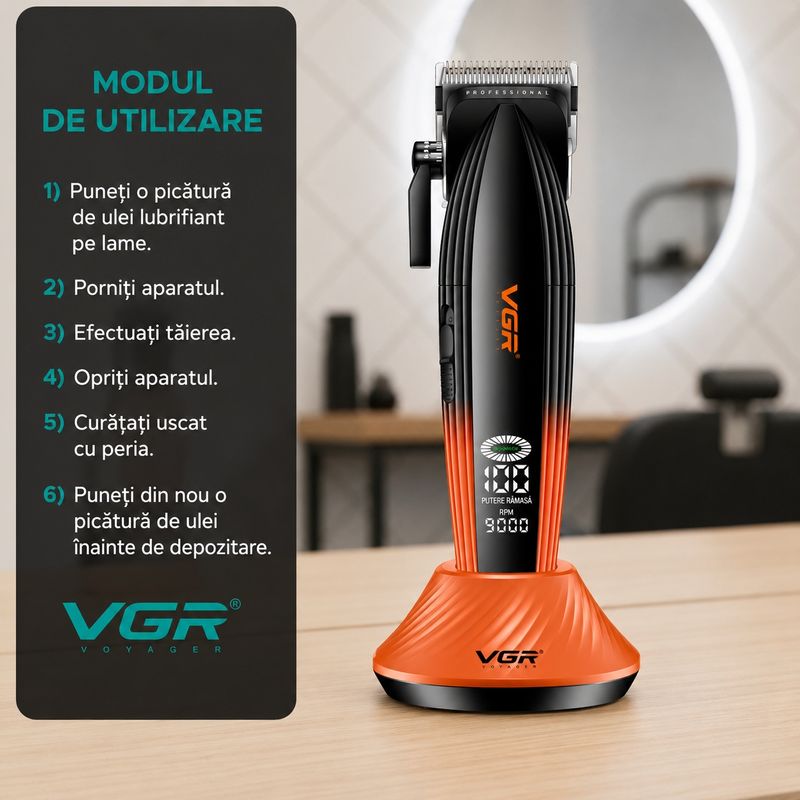 Ingrijire personala si Cosmetice - Aparate & accesorii ingrijire personala - Aparate de ras si tuns - Aparate de tuns - Aparat de tuns Profesional VGR V-889C, Motor 9000 RPM, Lame Ceramice, Ecran LED, Autonomie 180 Minute - Infinity.ro