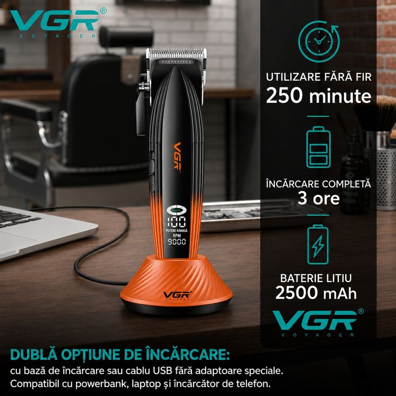 Ingrijire personala si Cosmetice - Aparate & accesorii ingrijire personala - Aparate de ras si tuns - Aparate de tuns - Aparat de tuns Profesional VGR V-889C, Motor 9000 RPM, Lame Ceramice, Ecran LED, Autonomie 180 Minute - Infinity.ro