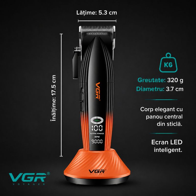 Ingrijire personala si Cosmetice - Aparate & accesorii ingrijire personala - Aparate de ras si tuns - Aparate de tuns - Aparat de tuns Profesional VGR V-889C, Motor 9000 RPM, Lame Ceramice, Ecran LED, Autonomie 180 Minute - Infinity.ro