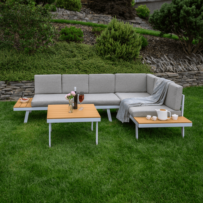 Casa si Gradina - Gradina si terasa - Mobilier exterior - Seturi mobila gradina - Set de gradina, otel alb /stejar / gri deschis, PELOR - Infinity.ro