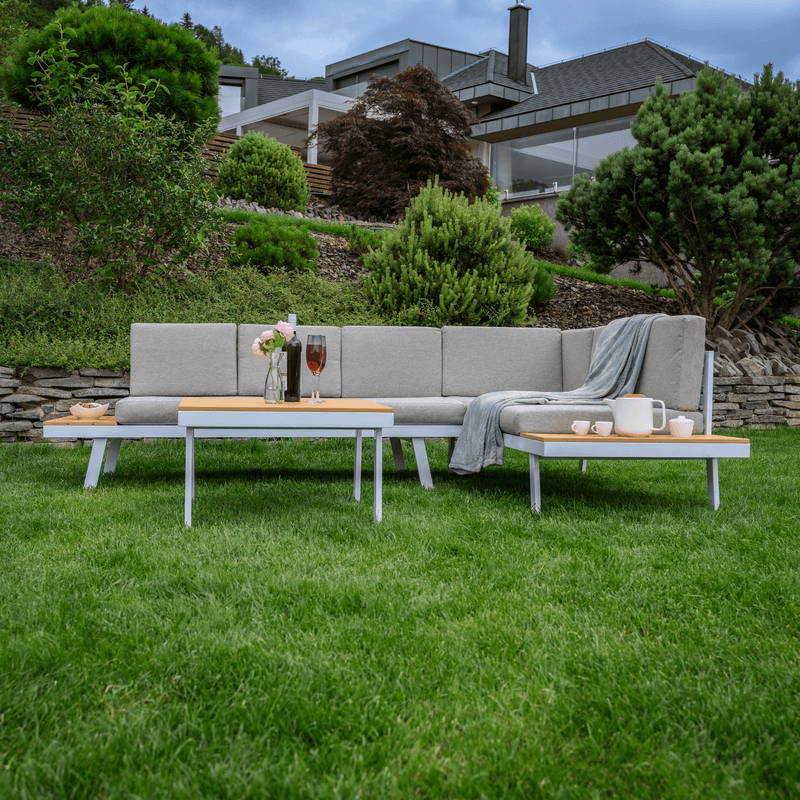 Casa si Gradina - Gradina si terasa - Mobilier exterior - Seturi mobila gradina - Set de gradina, otel alb /stejar / gri deschis, PELOR - Infinity.ro