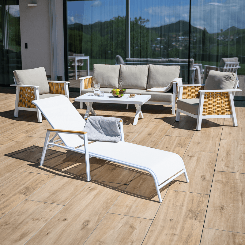 Casa si Gradina - Gradina si terasa - Mobilier exterior - Scaune si sezlonguri gradina - sezlong de gradina, otel alb/stejar, BONTO - Infinity.ro
