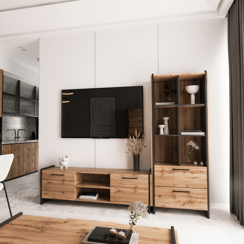Casa si Gradina - Mobilier - Comode si corpuri - Comode - Masuta TV, stejar wotan/negru, AMONI 2D - Infinity.ro