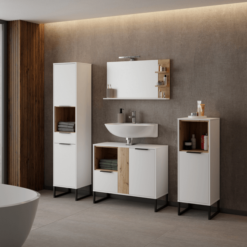 Casa si Gradina - Mobilier - Mobilier baie - Comode baie - Dulap inalt, stejar alb/artisan, CUBO CUB01 - Infinity.ro