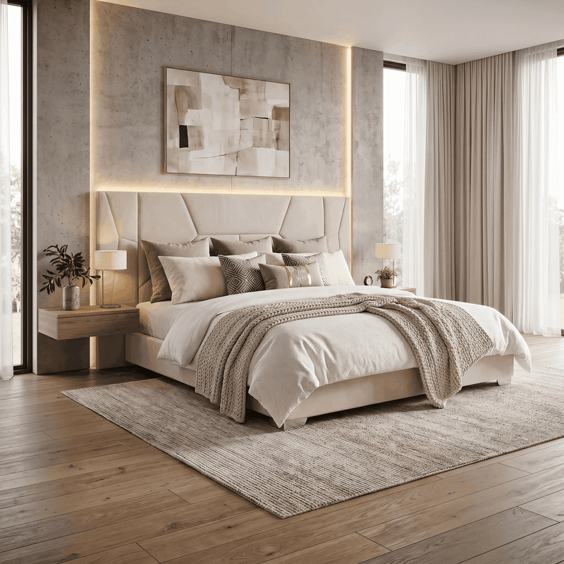 Casa si Gradina - Mobilier - Paturi si accesorii - Paturi - Pat cu somiera si iluminare LED, 160x200, tesatura Velvet bej, ALTESA - Infinity.ro