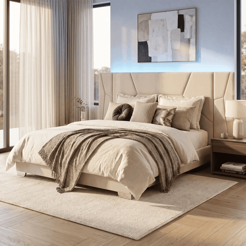Casa si Gradina - Mobilier - Paturi si accesorii - Paturi - Pat cu somiera si iluminare LED, 160x200, tesatura Velvet bej, ALTESA - Infinity.ro