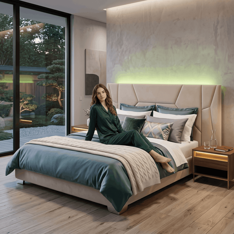 Casa si Gradina - Mobilier - Paturi si accesorii - Paturi - Pat cu somiera si iluminare LED, 160x200, tesatura Velvet bej, ALTESA - Infinity.ro