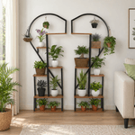 Casa si Gradina - Gradinarit si plante - Plante si ghivece - Ghivece si suporturi - Suport metalic pentru flori, set de 2 buc., negru/stejar, AMADIS - Infinity.ro