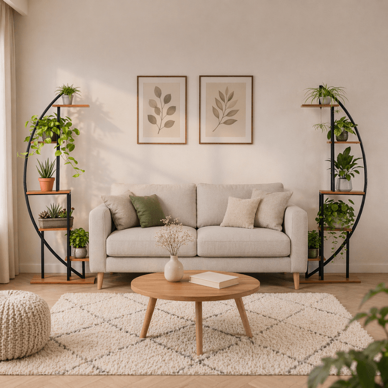 Casa si Gradina - Gradinarit si plante - Plante si ghivece - Ghivece si suporturi - Suport metalic pentru flori, set de 2 buc., negru/stejar, FERAN - Infinity.ro