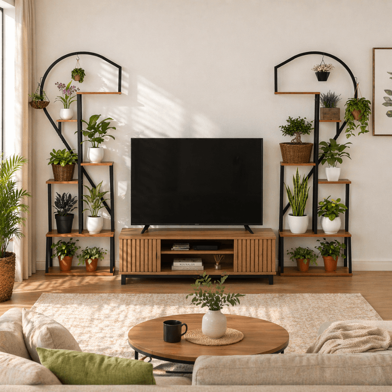 Casa si Gradina - Gradinarit si plante - Plante si ghivece - Ghivece si suporturi - Suport metalic pentru flori, set de 2 buc., negru/stejar, AMADIS - Infinity.ro