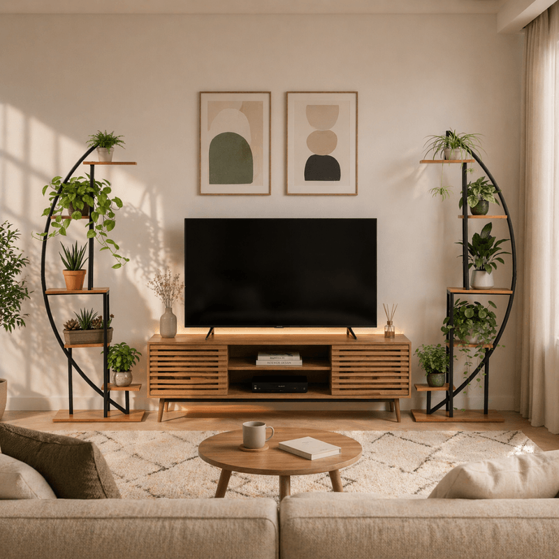 Casa si Gradina - Gradinarit si plante - Plante si ghivece - Ghivece si suporturi - Suport metalic pentru flori, set de 2 buc., negru/stejar, FERAN - Infinity.ro