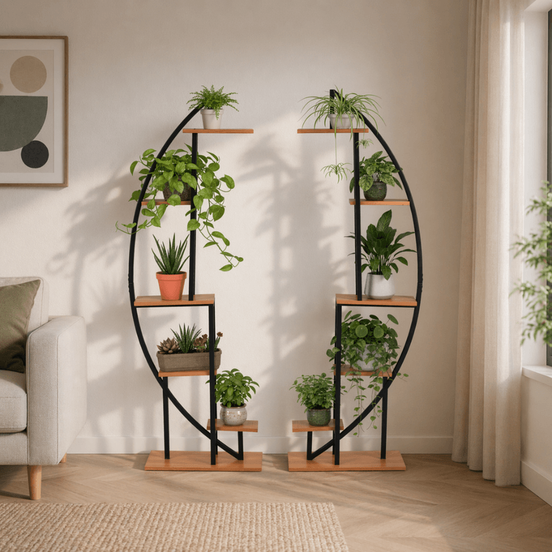 Casa si Gradina - Gradinarit si plante - Plante si ghivece - Ghivece si suporturi - Suport metalic pentru flori, set de 2 buc., negru/stejar, FERAN - Infinity.ro
