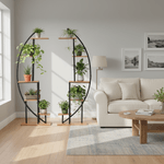 Casa si Gradina - Gradinarit si plante - Plante si ghivece - Ghivece si suporturi - Suport metalic pentru flori, set de 2 buc., negru/stejar, FERAN - Infinity.ro