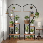 Casa si Gradina - Gradinarit si plante - Plante si ghivece - Ghivece si suporturi - Suport metalic pentru flori, set de 2 buc., negru/stejar, AMADIS - Infinity.ro