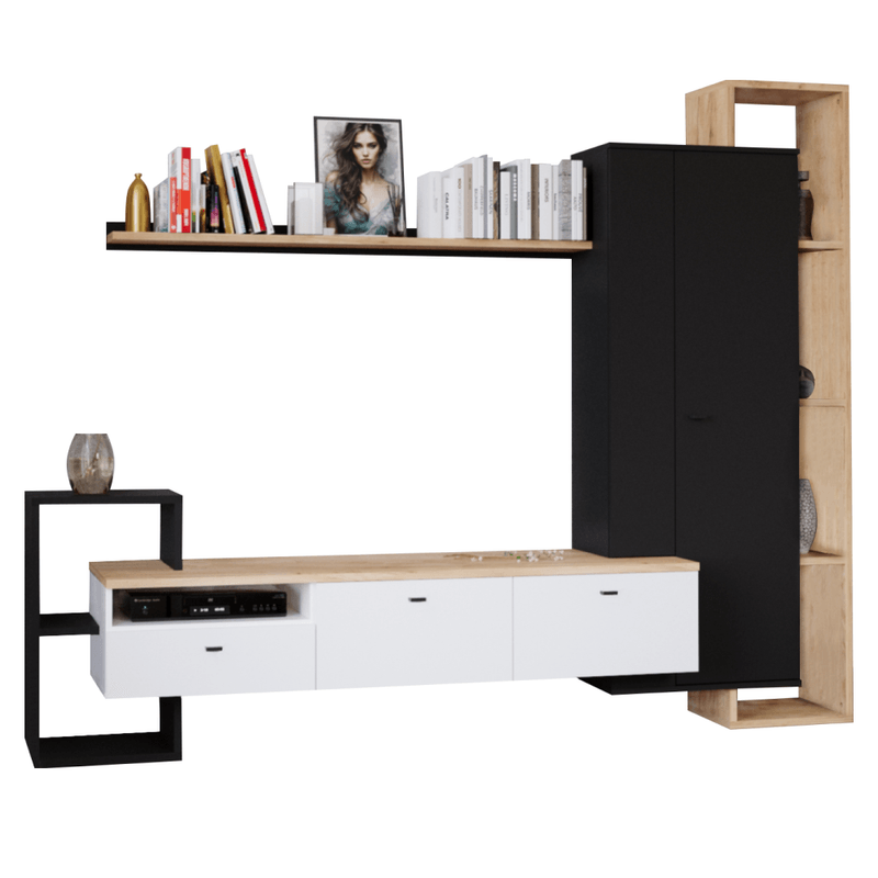 Casa si Gradina - Mobilier - Seturi de mobilier - Seturi living - Mobilier de perete living, negru/alb/stejar craft auriu, DENISO - Infinity.ro