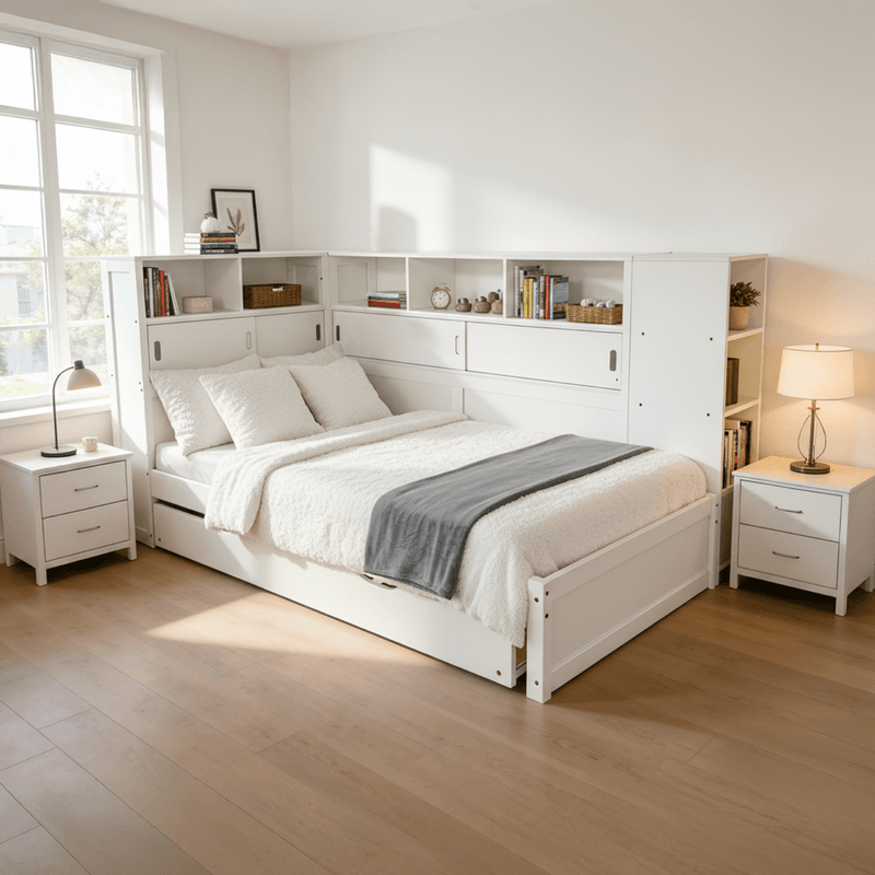 Casa si Gradina - Mobilier - Mobilier copii - Patuturi copii - Pat cu rafturi si pat suplimentar, alb, 90x200, LENDON - Infinity.ro