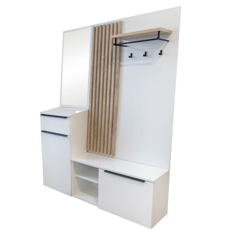 Casa si Gradina - Mobilier - Dulapuri si sifoniere - Dulapuri - Set de hol, alb extra lucios HG/stejar artisan, ALIVA V2 - Infinity.ro