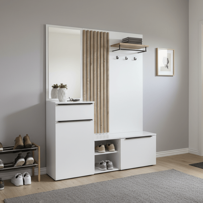 Casa si Gradina - Mobilier - Dulapuri si sifoniere - Dulapuri - Set de hol, alb extra lucios HG/stejar artisan, ALIVA V2 - Infinity.ro
