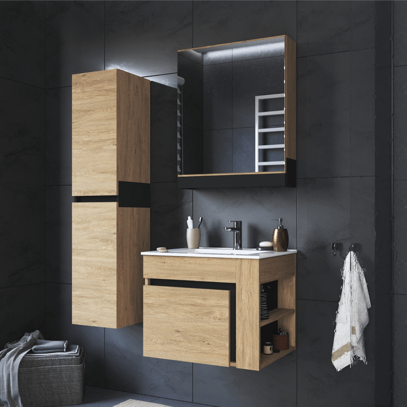 Casa si Gradina - Mobilier - Mobilier baie - Comode baie - Dulapior suspendat cu oglinda, stejar auriu/negru, MOURO 60 - Infinity.ro