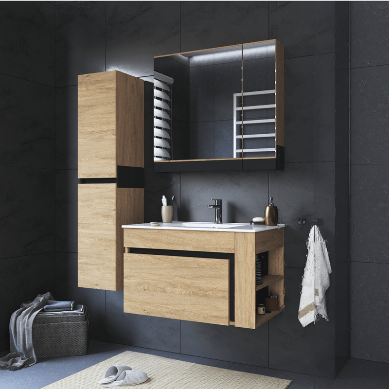 Casa si Gradina - Mobilier - Mobilier baie - Comode baie - Dulapior de pus sub chiuveta, stejar auriu/negru, MOURO 80 - Infinity.ro