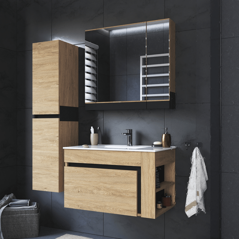 Casa si Gradina - Mobilier - Mobilier baie - Comode baie - Dulapior suspendat cu oglinda, stejar auriu/negru, MOURO 80 - Infinity.ro