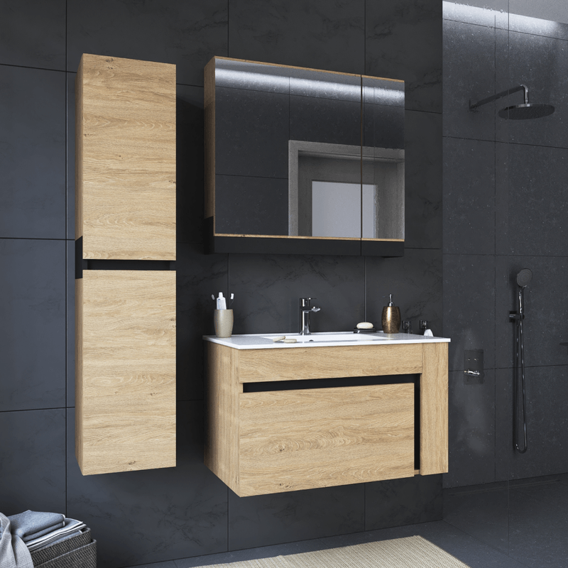 Casa si Gradina - Mobilier - Mobilier baie - Comode baie - Dulapior suspendat cu oglinda, stejar auriu/negru, MOURO 80 - Infinity.ro
