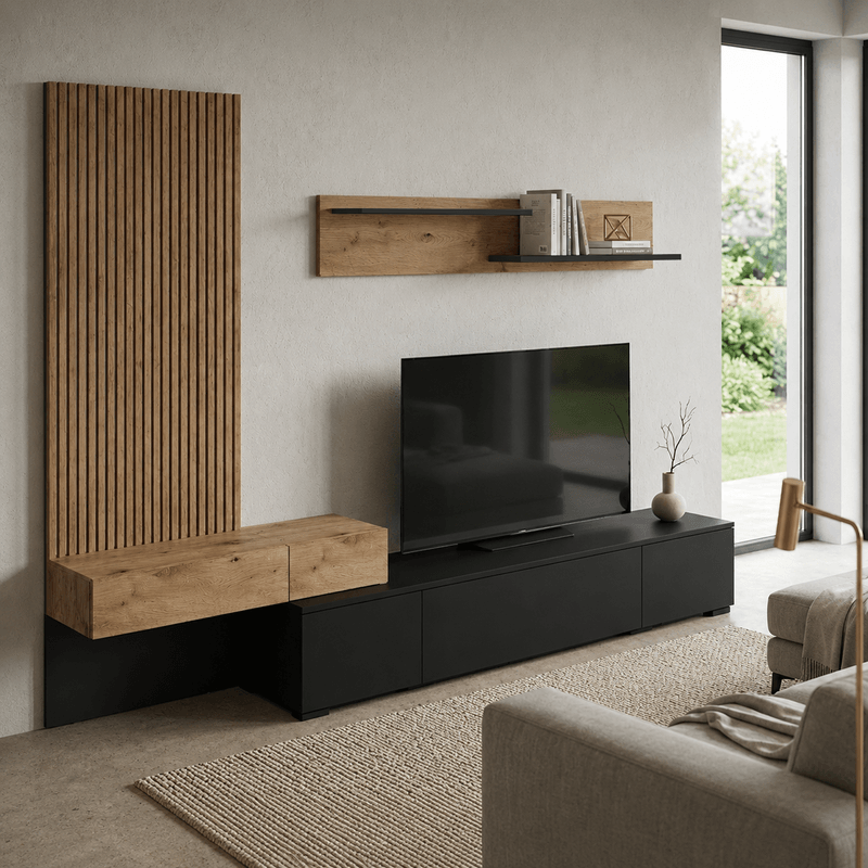 Casa si Gradina - Mobilier - Seturi de mobilier - Seturi living - Ansamblu living, negru/stejar Artisan, REBEKA NEW - Infinity.ro