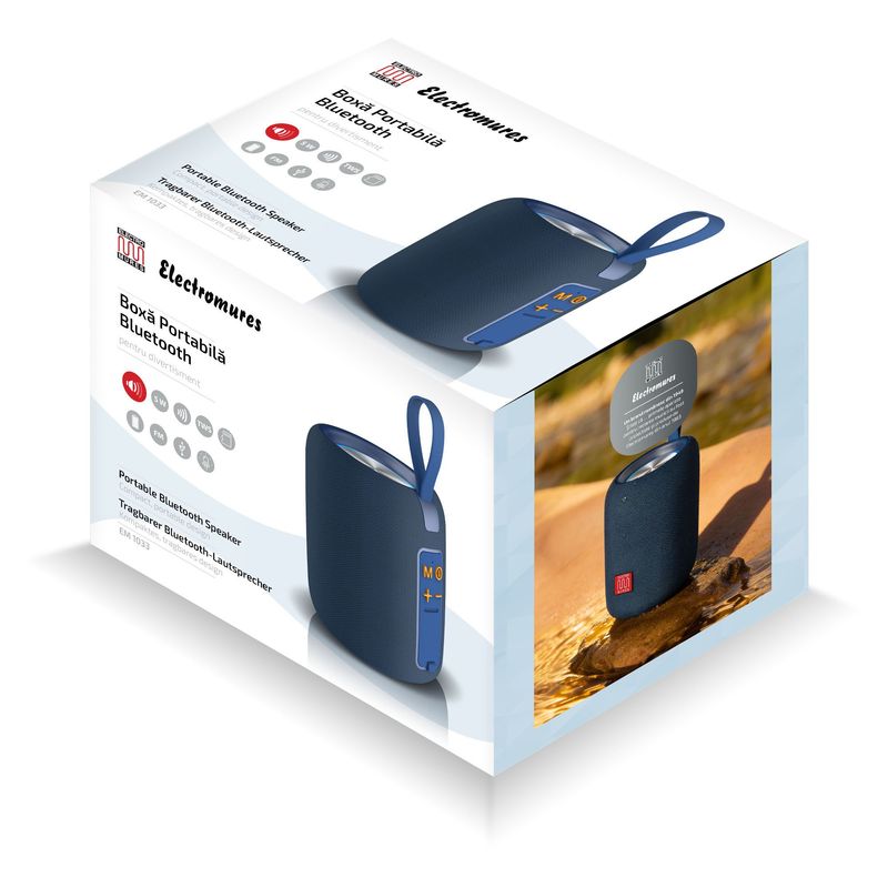 TV, Audio-Video si Foto - Portabile audio - Boxe portabile - Boxa portabila Bluetooth Electromures EM 1033, 5W, port USB si TF, radio FM, IPX4, autonomie pana la 4h,culoare Albastru - Infinity.ro