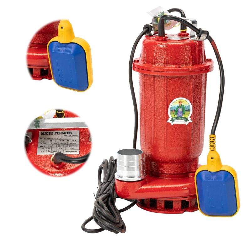 Casa si Gradina - Gradinarit si plante - Instalatii si accesorii pentru irigatii - Pompe apa - Pompa apa murdara micul fermier, 1.1 kw, debit maxim 15000 l/h, inaltime maxima de pompare 15 m, corp pompa fonta, cu pl - Infinity.ro