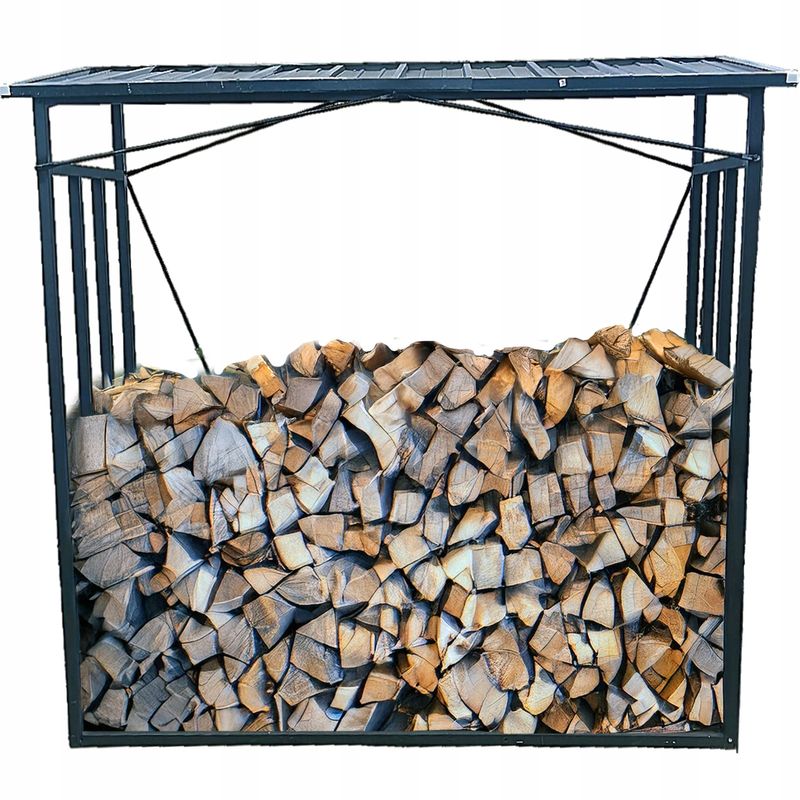 Casa si Gradina - Gradina si terasa - Casute de gradina - Suport depozitare lemne foc cu acoperis ondulat, structura metalica rezistenta, 185x70x185 cm, negru - Infinity.ro