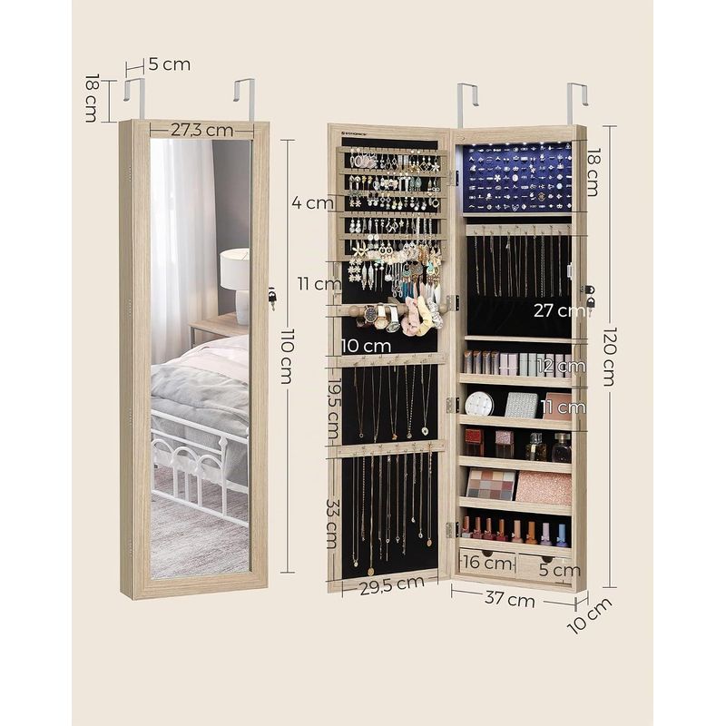 Casa si Gradina - Mobilier - Dulapuri si sifoniere - Dulapuri - Dulap pentru bijuterii cu oglinda, montare pe perete sau usa, material MDF, inchidere cu cheie, 120x37x10 cm, stejar - Infinity.ro