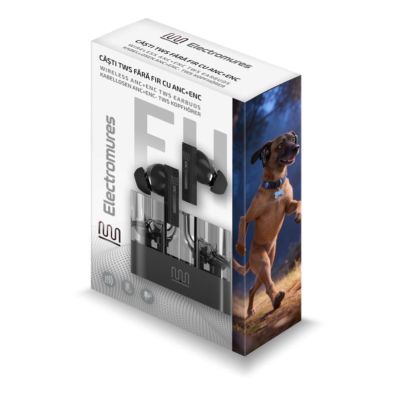 TV, Audio-Video si Foto - Portabile audio - Casti audio - Casti TWS Electromures EM E4, Bluetooth 5.4, ANC+ENC, Microfon HD, 4H Autonomie, Carcasa Metalica Transparanta, Negru - Infinity.ro
