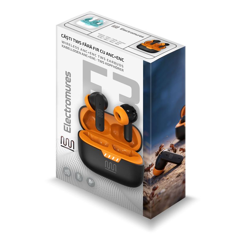 TV, Audio-Video si Foto - Portabile audio - Casti audio - Casti TWS In-Ear Wireless Electromures EM E3, Bluetooth 6.0, ANC+ENC, Game Mode, Microfon HD, 6H Autonomie, negru - Infinity.ro
