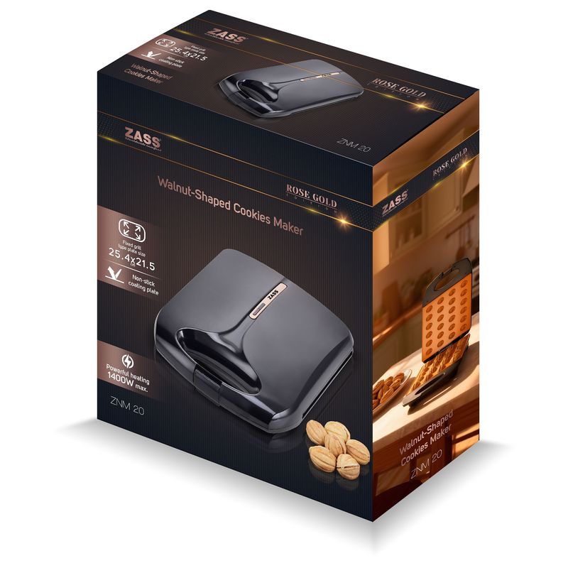 Electronice si Electrocasnice - Electrocasnice bucatarie - Aparate de gatit & desert - Aparate de preparat desert - Aparat pentru nuci umplute ZASS Rose Gold ZNM 20, 1400W, 12 nuci intregi, placi ceramice antiaderente 25,4x21,5 cm,negru - Infinity.ro