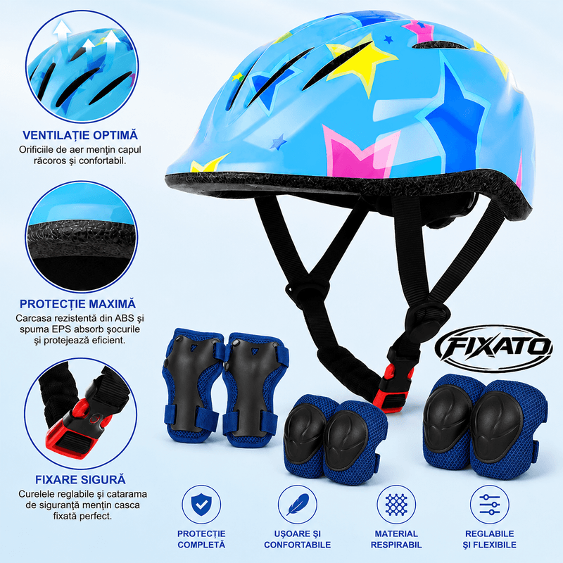 Sport si Outdoor - Echipament Sportiv - Accesorii echipament sportiv - Casti de protectie - Set Protectie pentru Copii FIXATO 7 in 1, Casca pentru 3-15 ani, Genunchiere, Cotiere, Aparatori Incheieturi, albastru - XS - Infinity.ro