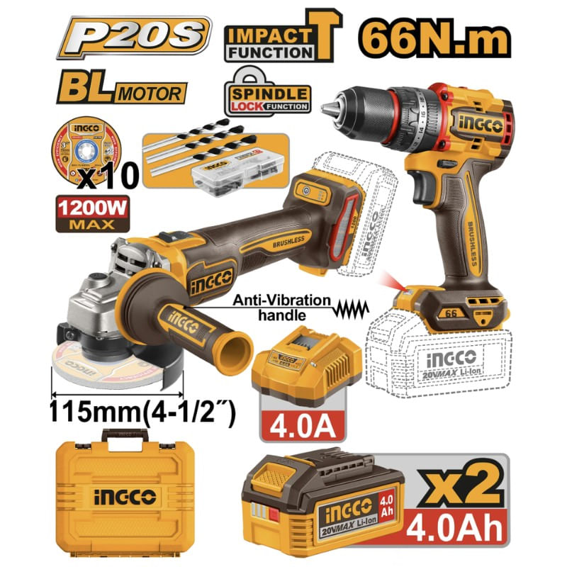 Casa si Gradina - Constructii - Scule electrice si accesorii - Masini de gaurit si insurubat - Set scule electrice 20V Brushless, masina de insurubat impact, flex unghiular 11.5cm - Infinity.ro