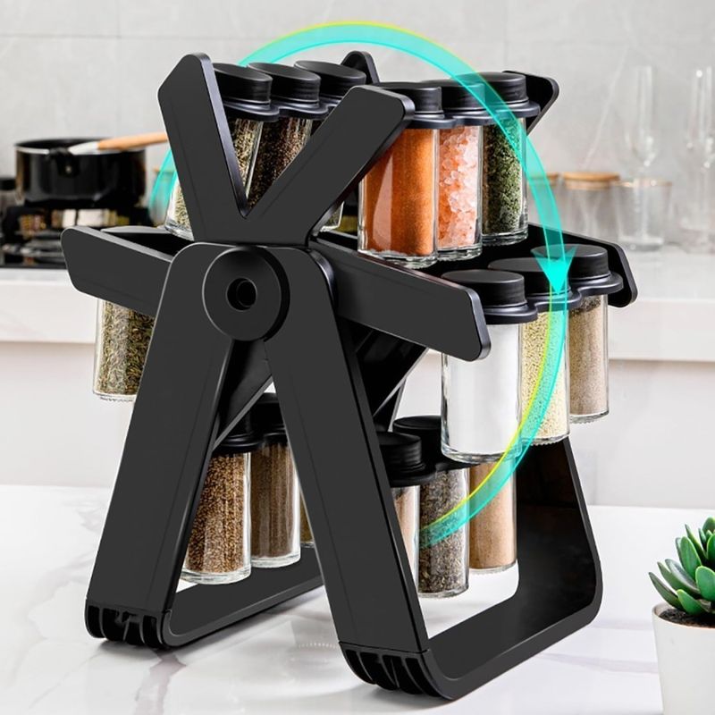 Casa si Gradina - Bucatarie si vesela - Ustensile bucatarie - Rasnite si dozatoare condimente - Suport Rotativ cu 18 Recipiente pentru Condimente, Design Modern 360, Sticla si Finisaj Negru - Infinity.ro