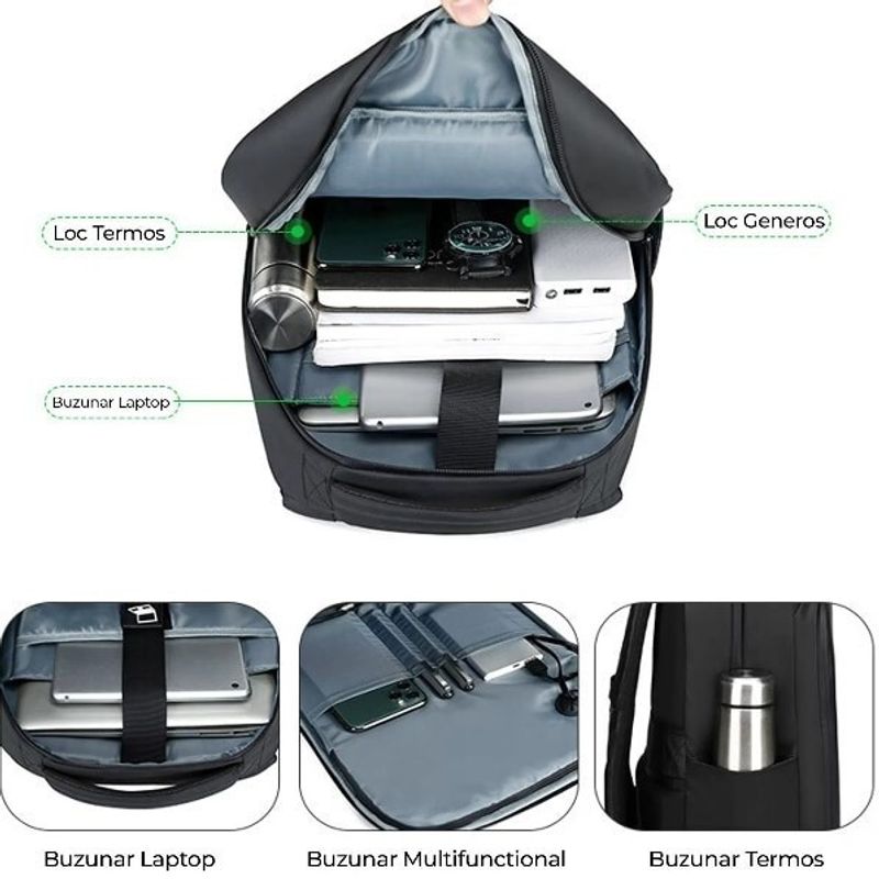 Sport si Outdoor - Articole de voiaj - Rucsacuri - Rucsac Ghiozdan Smart cu Display LED, WiFi, impremeabil, Aplicatie Dedicata iOS/Android, Port USB Extern, Negru - Infinity.ro