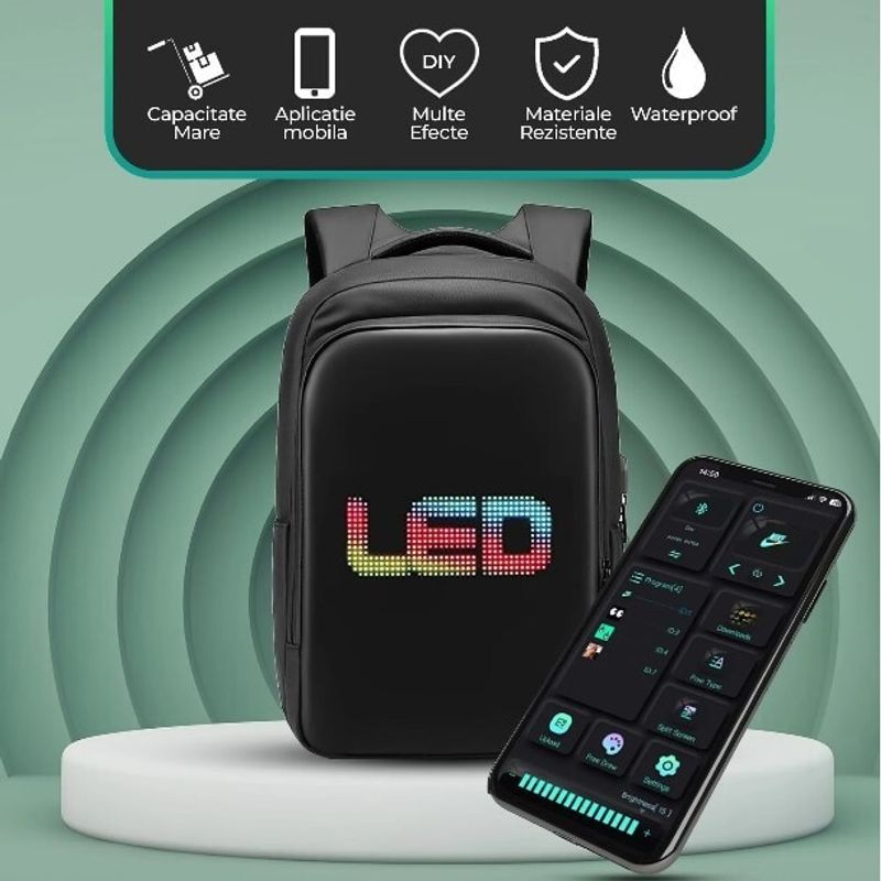 Sport si Outdoor - Articole de voiaj - Rucsacuri - Rucsac Ghiozdan Smart cu Display LED, WiFi, impremeabil, Aplicatie Dedicata iOS/Android, Port USB Extern, Negru - Infinity.ro